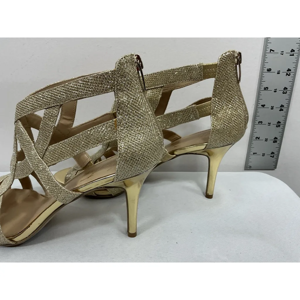 Womans Marc Fisher Stiletto Formal Sandals 11 M Gold Sparkly Strappy Back Zip - Image 4
