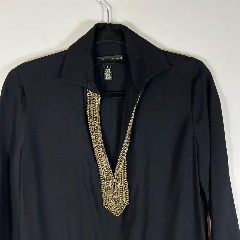 RALPH LAUREN Top Womens 4 Tunic‎ Crepe Embellished Popover Black Label Black USA - Image 2