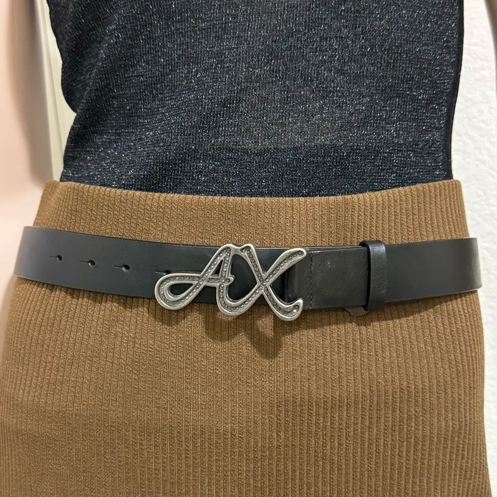 A/X ARMANI EXCHANGE Black Genuine Leather AX Logo Buckle Belt Size S Waist 29-33 - Image 3