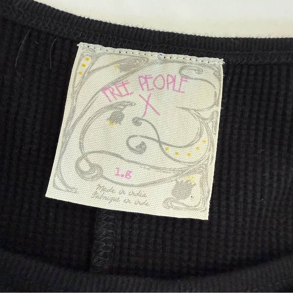 Free People X Marion Embroidered Thermal Waffle Knit Long Sleeve Cuff Top Black - Image 15