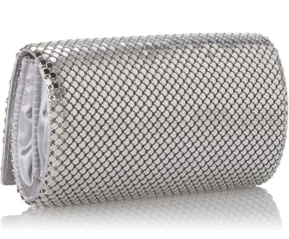 Jessica McClintock Metal Mesh Roll Bag Clutch Purse Crossbody Silver Chain - Image 5
