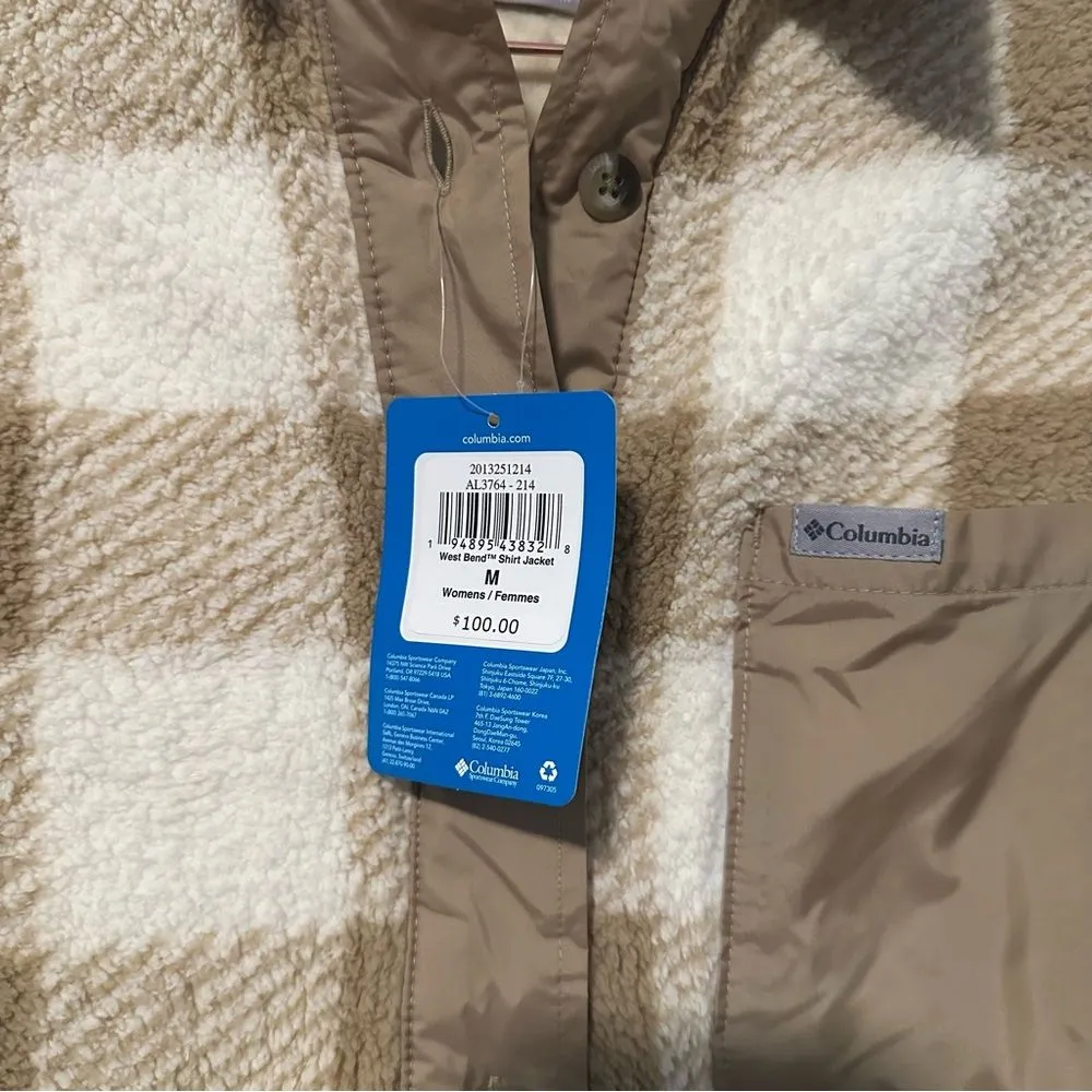 Columbia Women's West Bend Shirt Jacket Shacket Button Sherpa Fleece Plaid M Tan - Image 5
