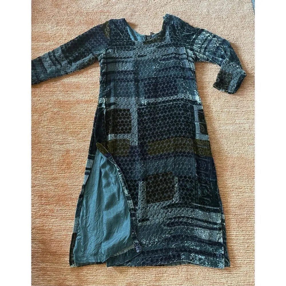 Women Kurta Pakistani Indian Kurti Shirt Dress S velvet silk and silk lining Blue - Image 2