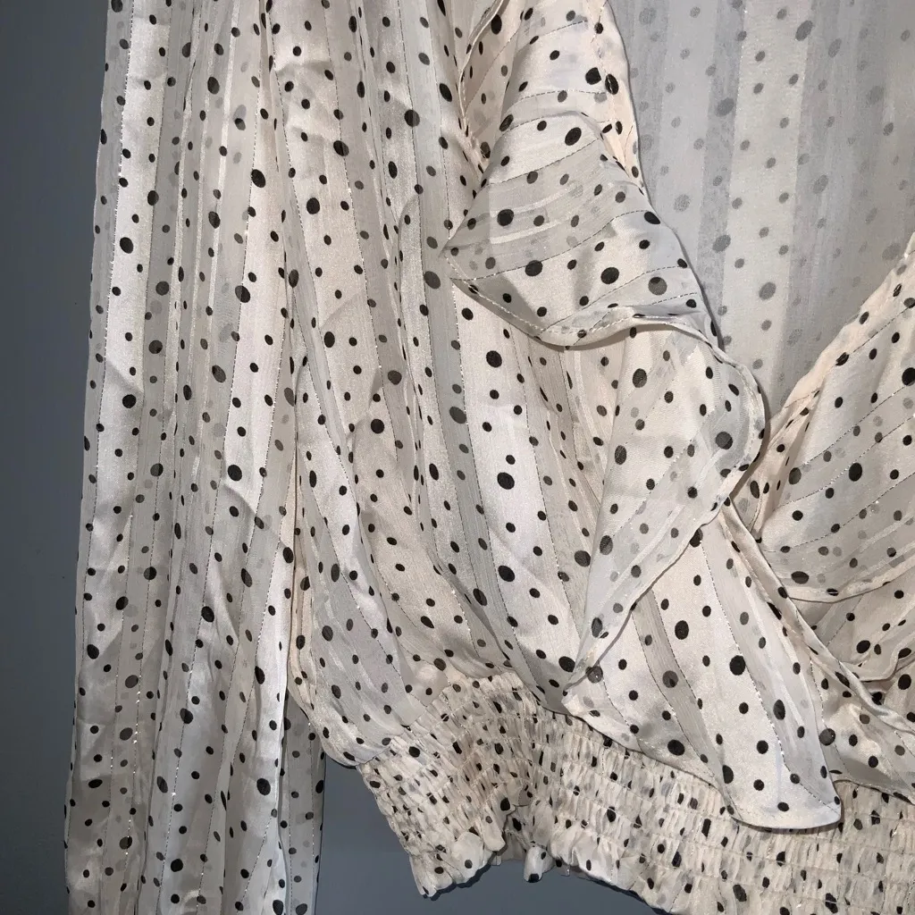 Joie Cream Polka Dot Metallic Ruffle Plunging Deep V Long Sleeve Blouse SP - Image 4