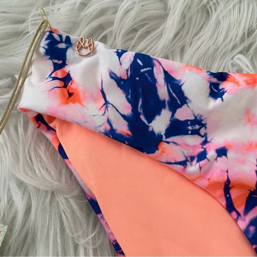 Marble Tie Dye Signature Reversible Bikini Bottoms Swim Blue Peach L new - Image 3