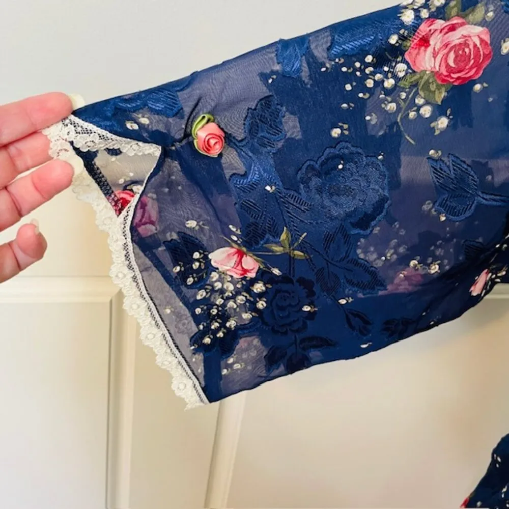 Vintage 90's Floral Slip Dress Lace Trim Rose Accent Babydoll & Robe Set L/XL Blue Size L - Image 9