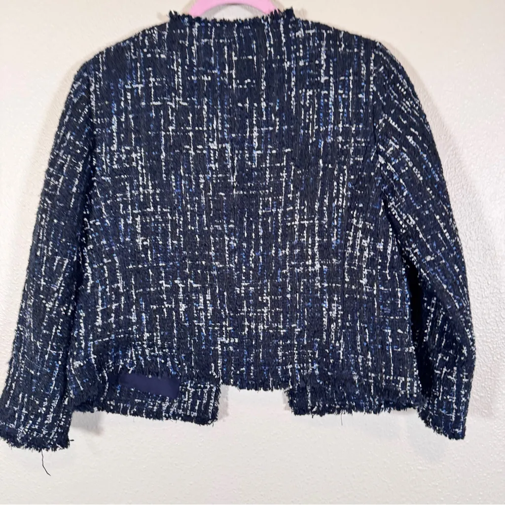 Ann Taylor Blue Black Tweed Fringe Blazer Jacket Womens 4 Preppy Academia Fall - Image 4