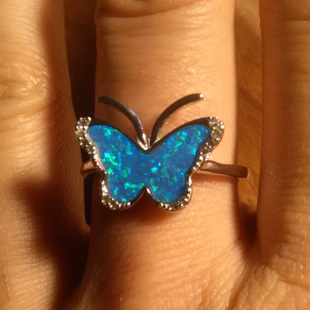 Blue Lab Created Opal Sterling Silver Butterfly Ring (Size 9) - Image 3
