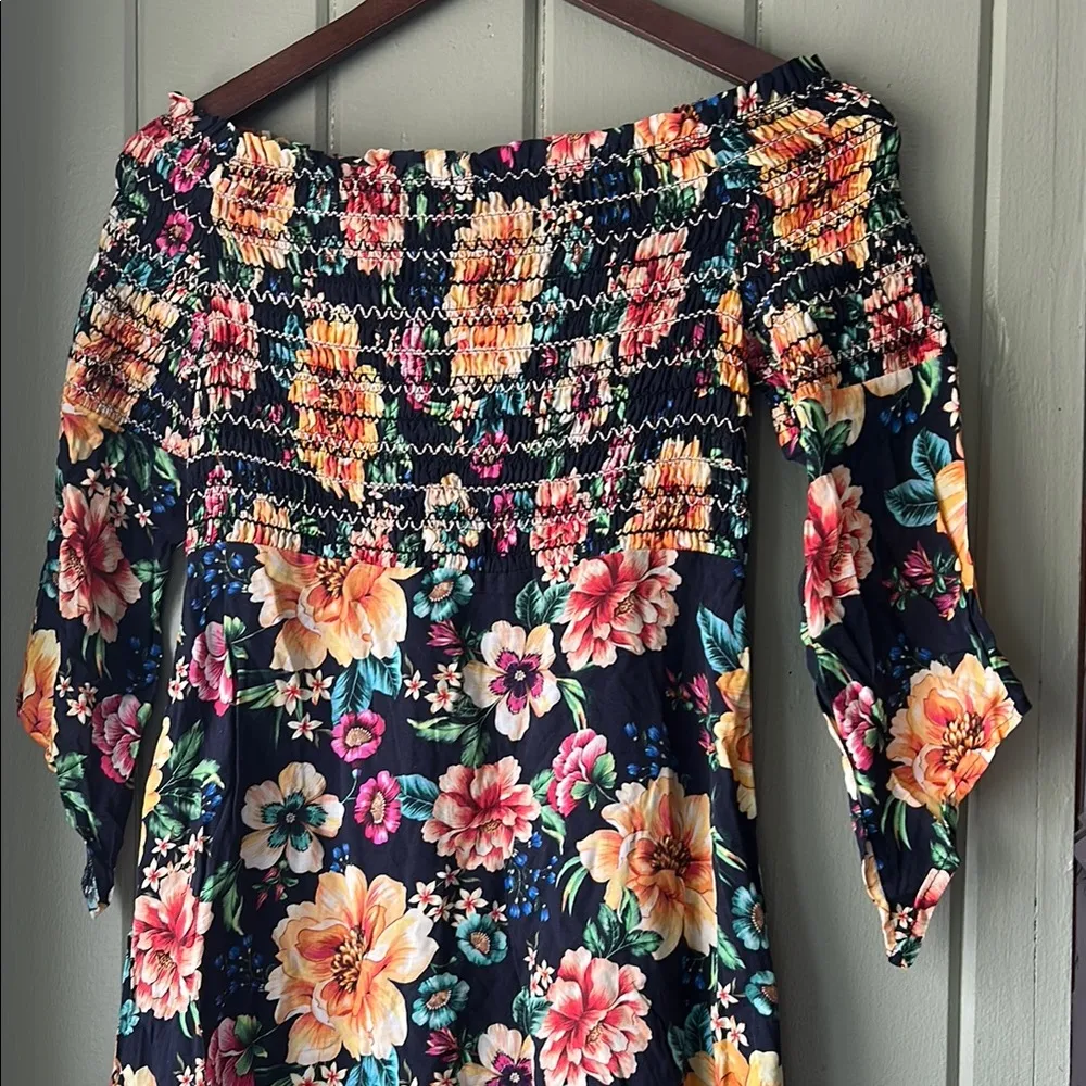 Farm Rio Anthropologie Dress Mini Smocked Dainty Off Shoulder Black Size Small P - Image 4