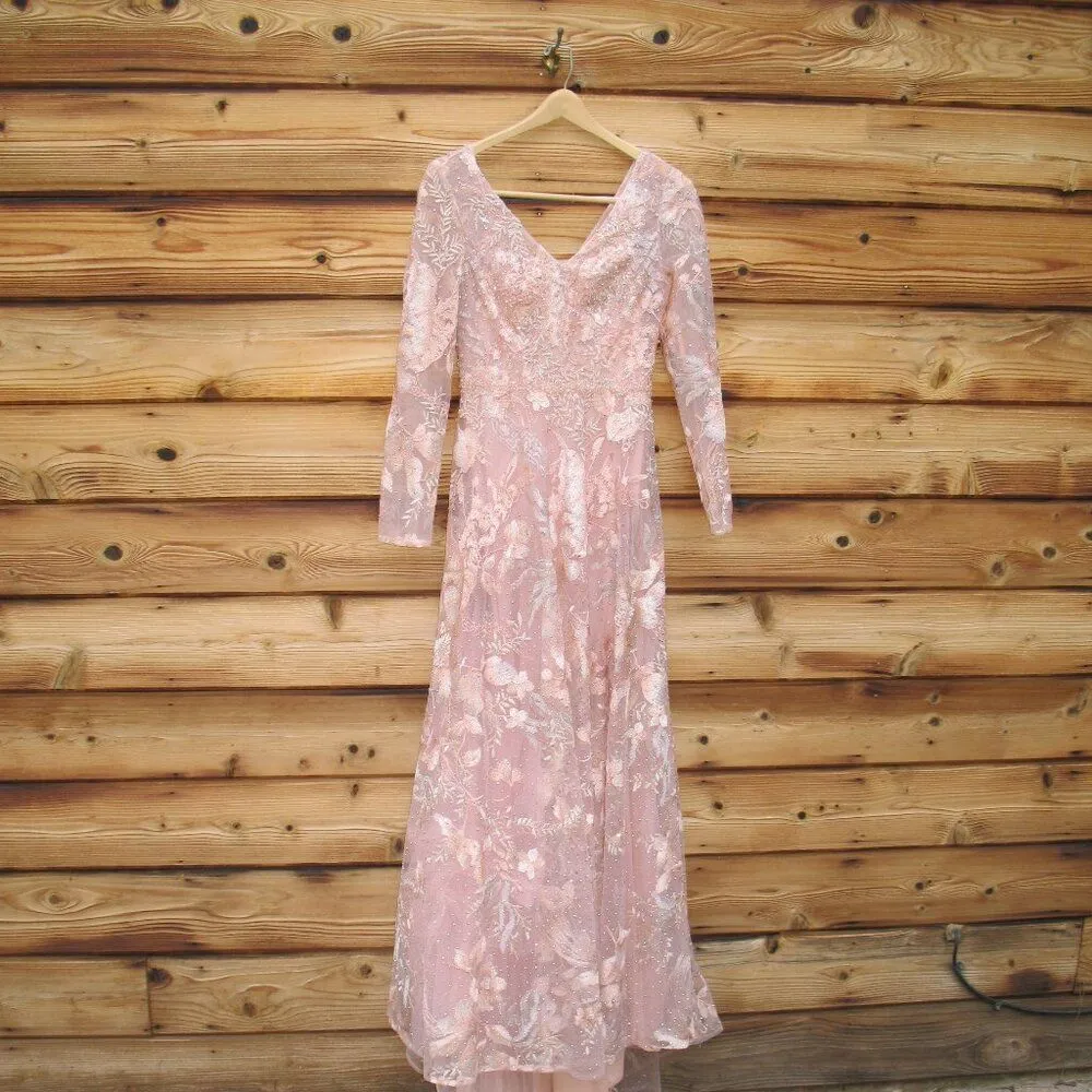 MAC DUGGAL  20214 Pink Embellished Long Sleeve V Neck A Line Gown - Image 5