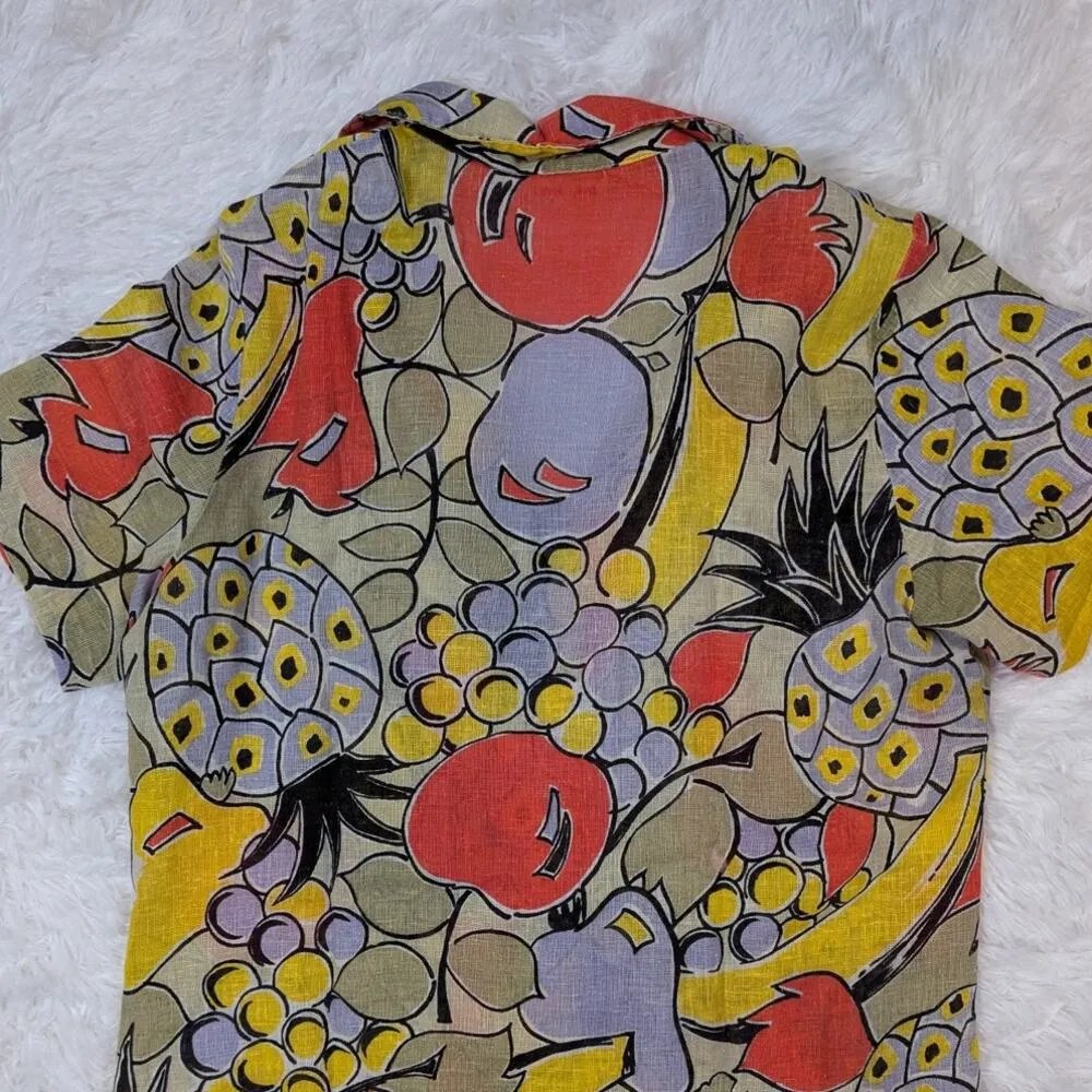 90s Vintage Tropical Print Short Sleeve Button Down Top Yellow Orange Green M - Image 10