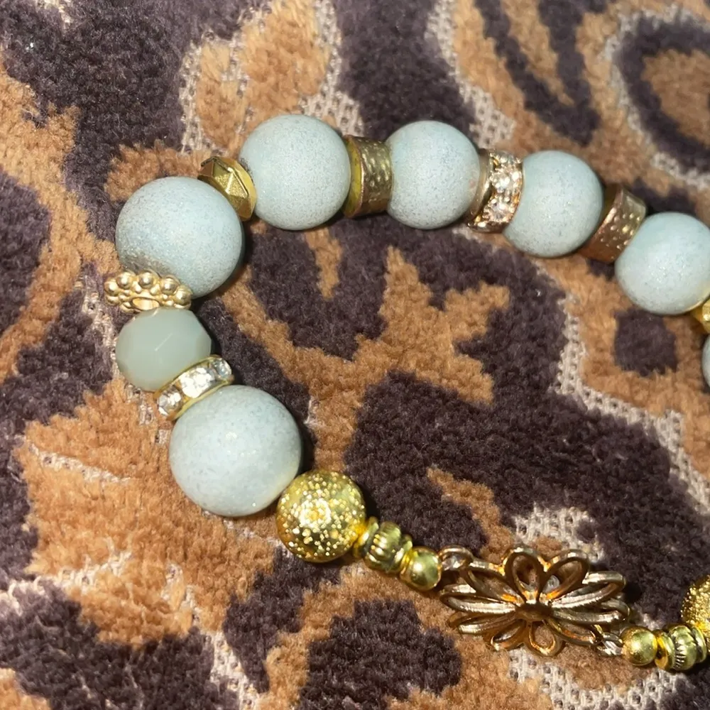 Beaded Amazonite Handmade Bracelet with flower spacer Gold - Image 4