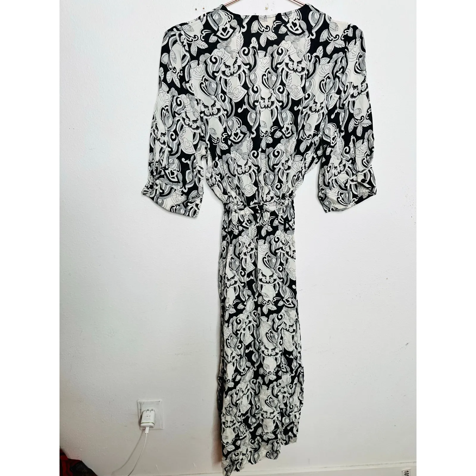 SEE BY CHLOE Black White Tie Front Midi V-Neck Long Sleeve Dress size 42 US 10 - Image 8