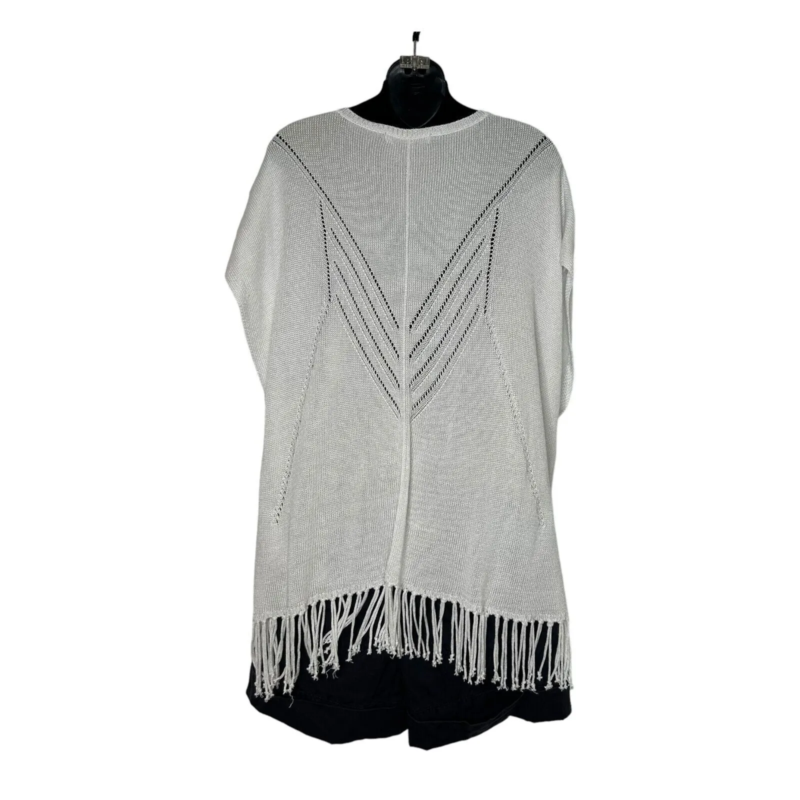 New SAKS FIFTH AVE White Crochet‎ Fringed Sweater Poncho Boho Oversized Top XS - Image 4