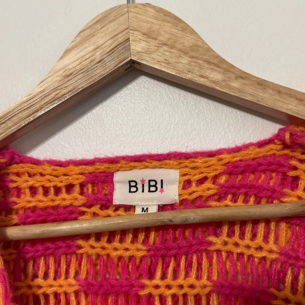 BiBi Oversized Checkered Cardigan Size Medium Pink Orange Boho - Image 4