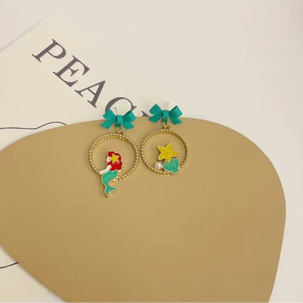Mermaid Princess Girl‎ Gold Plated Bowknot Design Alloy Earrings Cute Cartoon St - Image 4