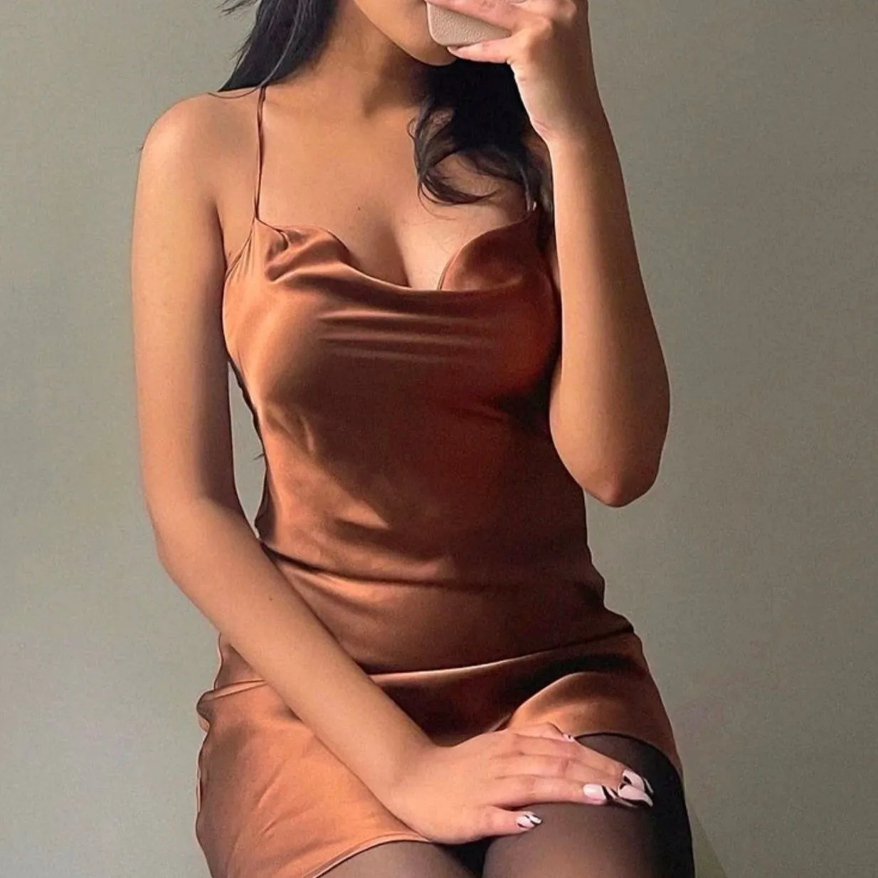 Hollister Copper gold cowl mini satin dress Brown - Image 2