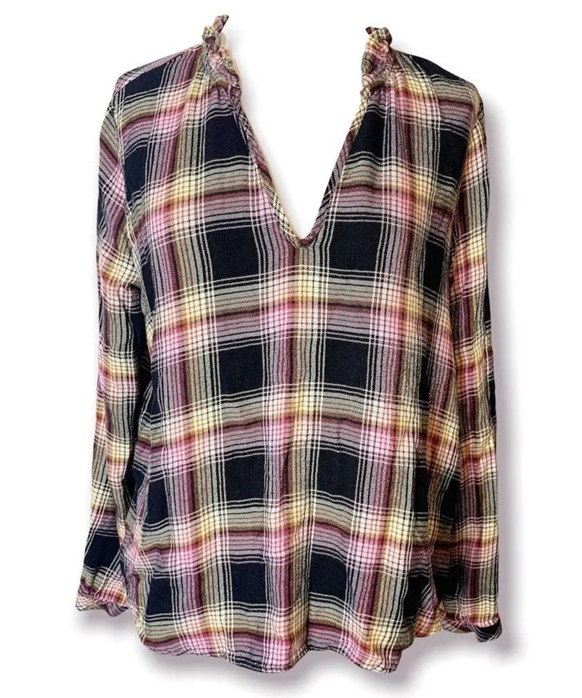 Anthropologie cloth & stone charley plaid soft flannel ruffle neck top sz M - Image 2