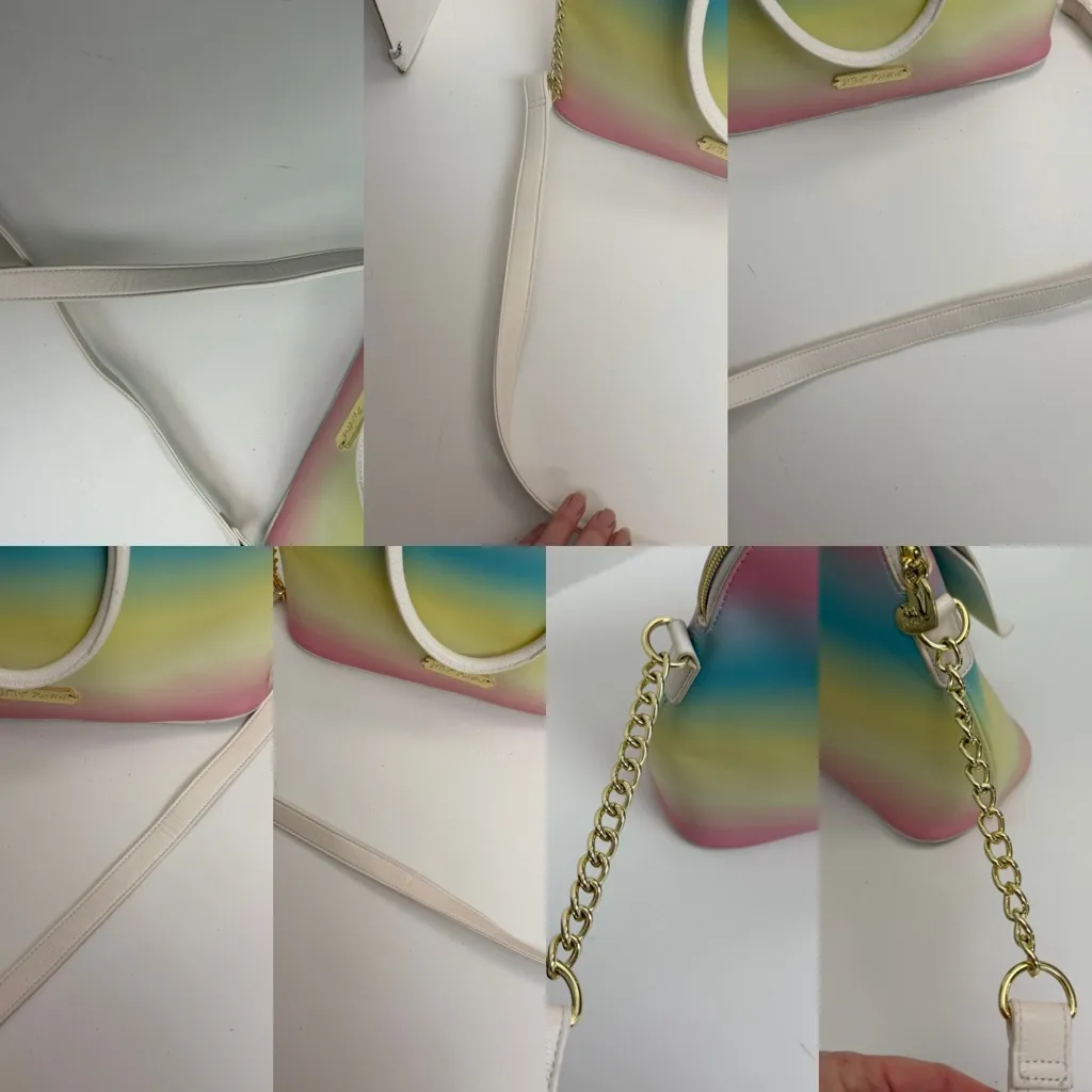 Betsey Johnson Purse Handbag Crossbody Bow Studded Chain Rainbow Ombré Gold - Image 14