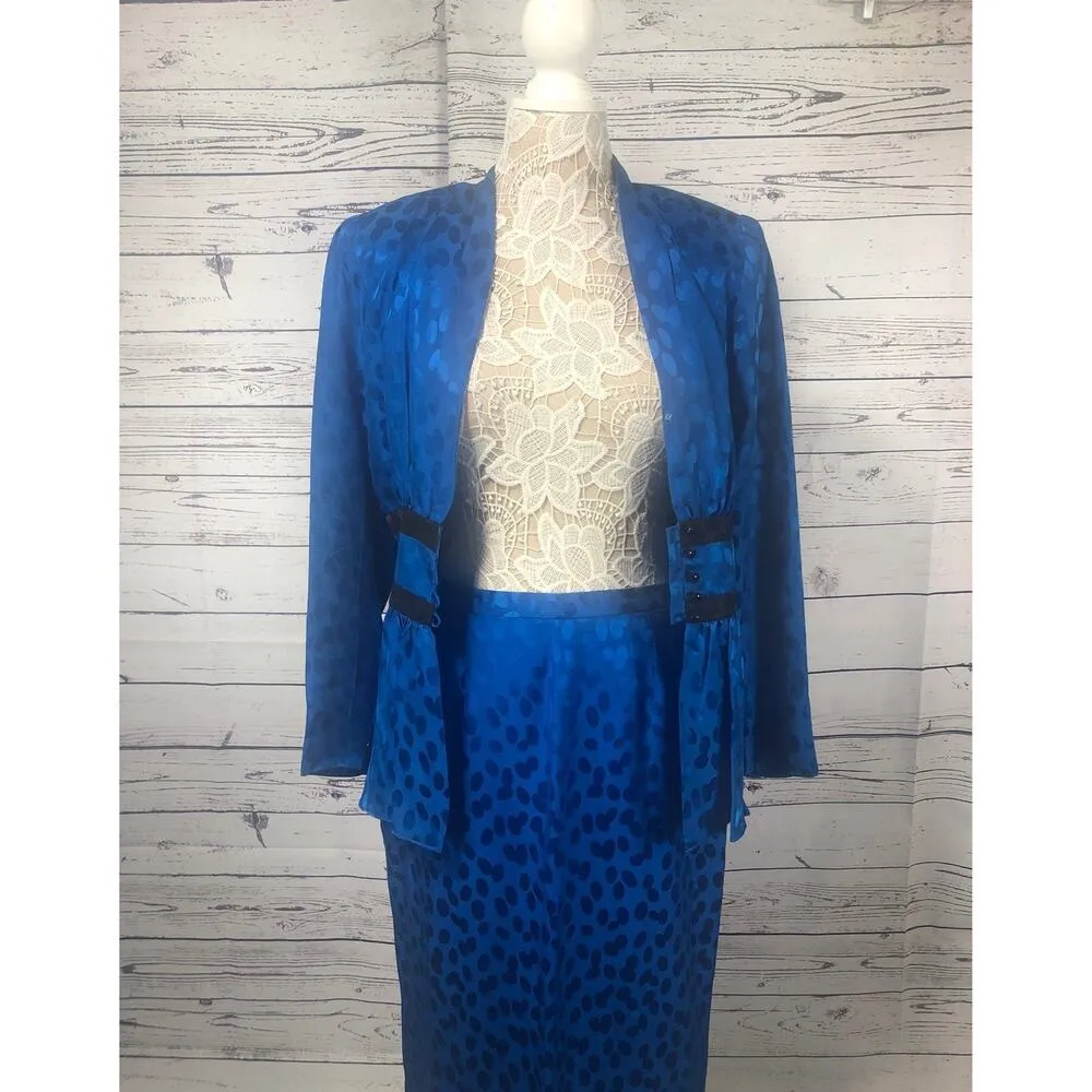 Vintage Silk Studio Blue & Black polkadot fitted waist top & skirt size 12 - Image 12