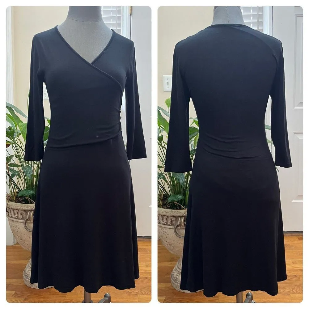Garnet Hill Black Brianna Surplice Faux Wrap Viscose Blend Dress Size XS - Image 2