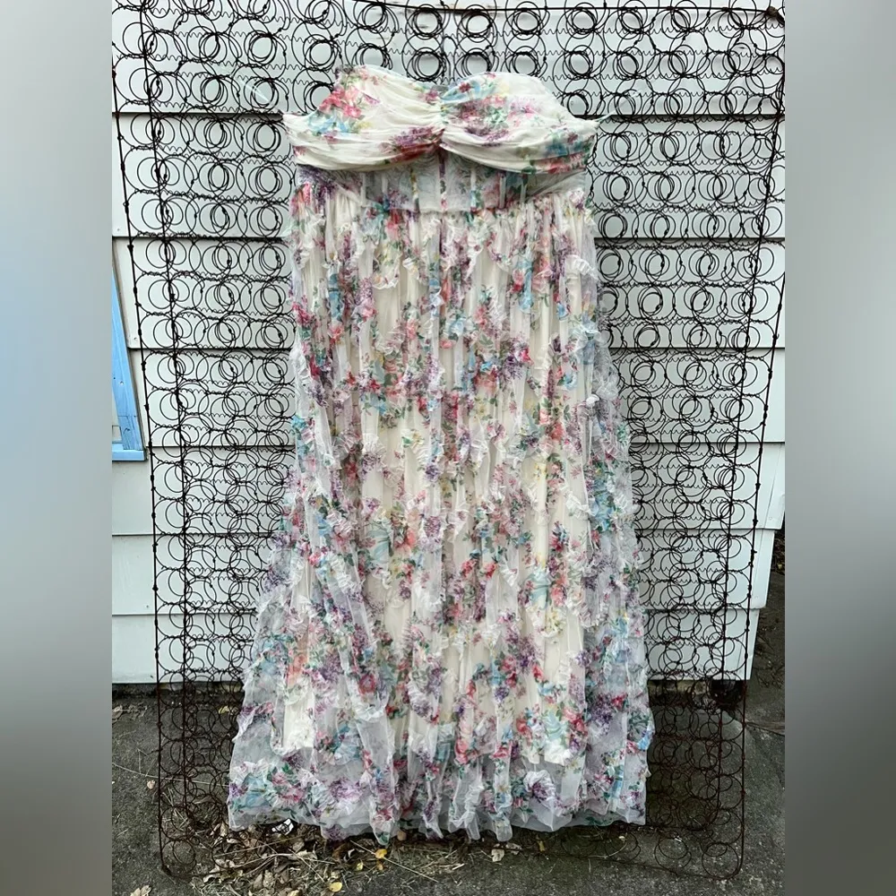 Faeriesty Ruched Bustier Ruffle Trim Hem Floral Print Tube Corset Dress 5X - Image 5