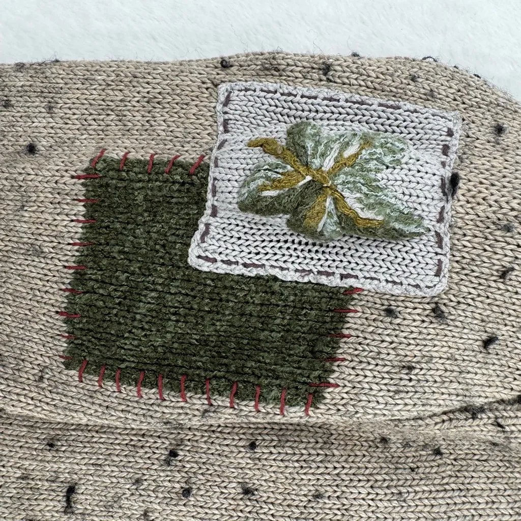 Vintage Y2K Patchwork Sweater Embroidered Fall Leaves Pocket Rolled Edge J Jill Tan Size M - Image 6