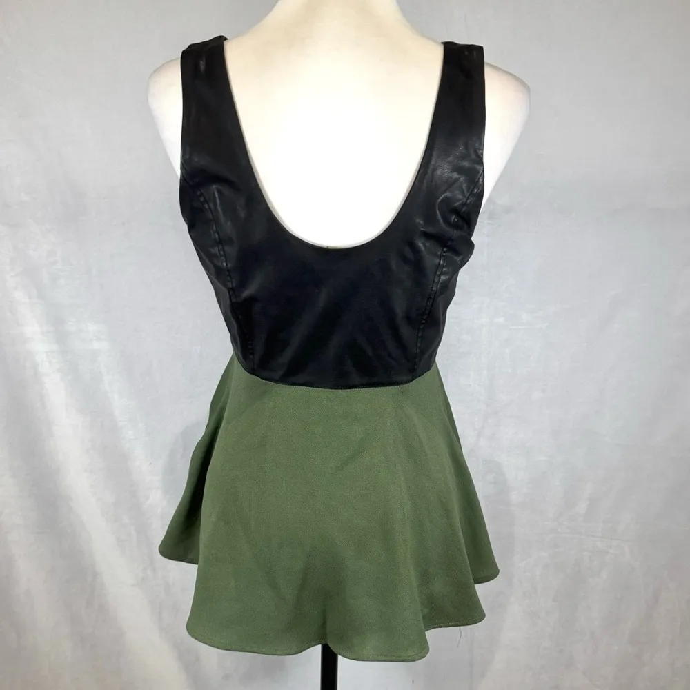 Double Zero black leather army green chiffon combo peplum top size medium - Image 3