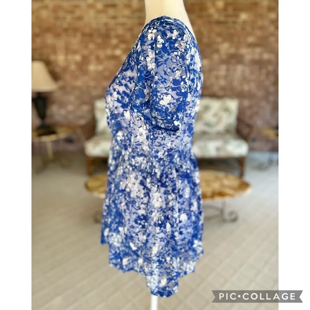 Torrid Top Lace Smocked Floral Embroidered Mesh Blue Short Sleeves Tunic 0X/12 - Image 8