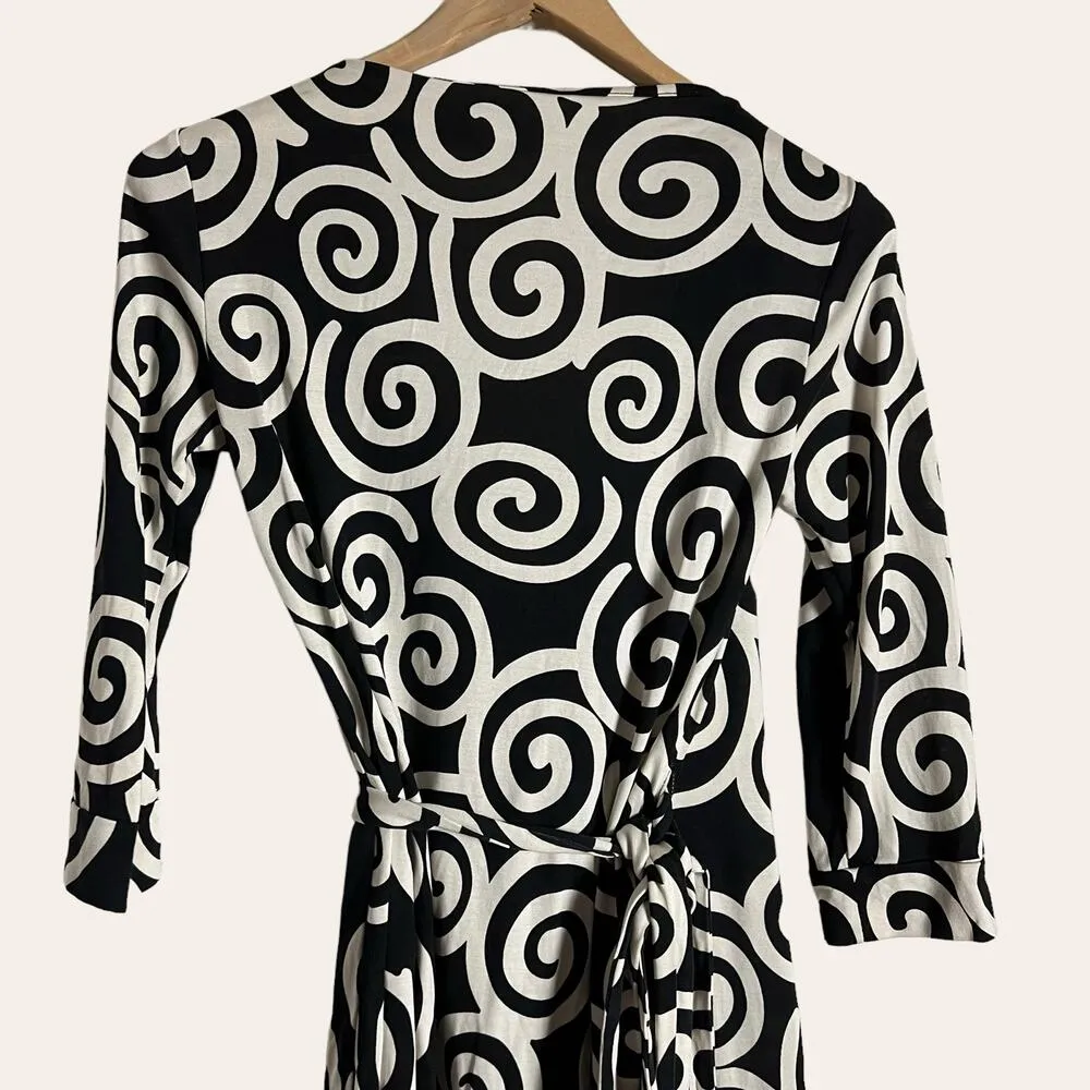 Diane von Furstenberg Julian Silk Jersey Swirl Print Black Wrap Mini Dress Sz 4 - Image 10
