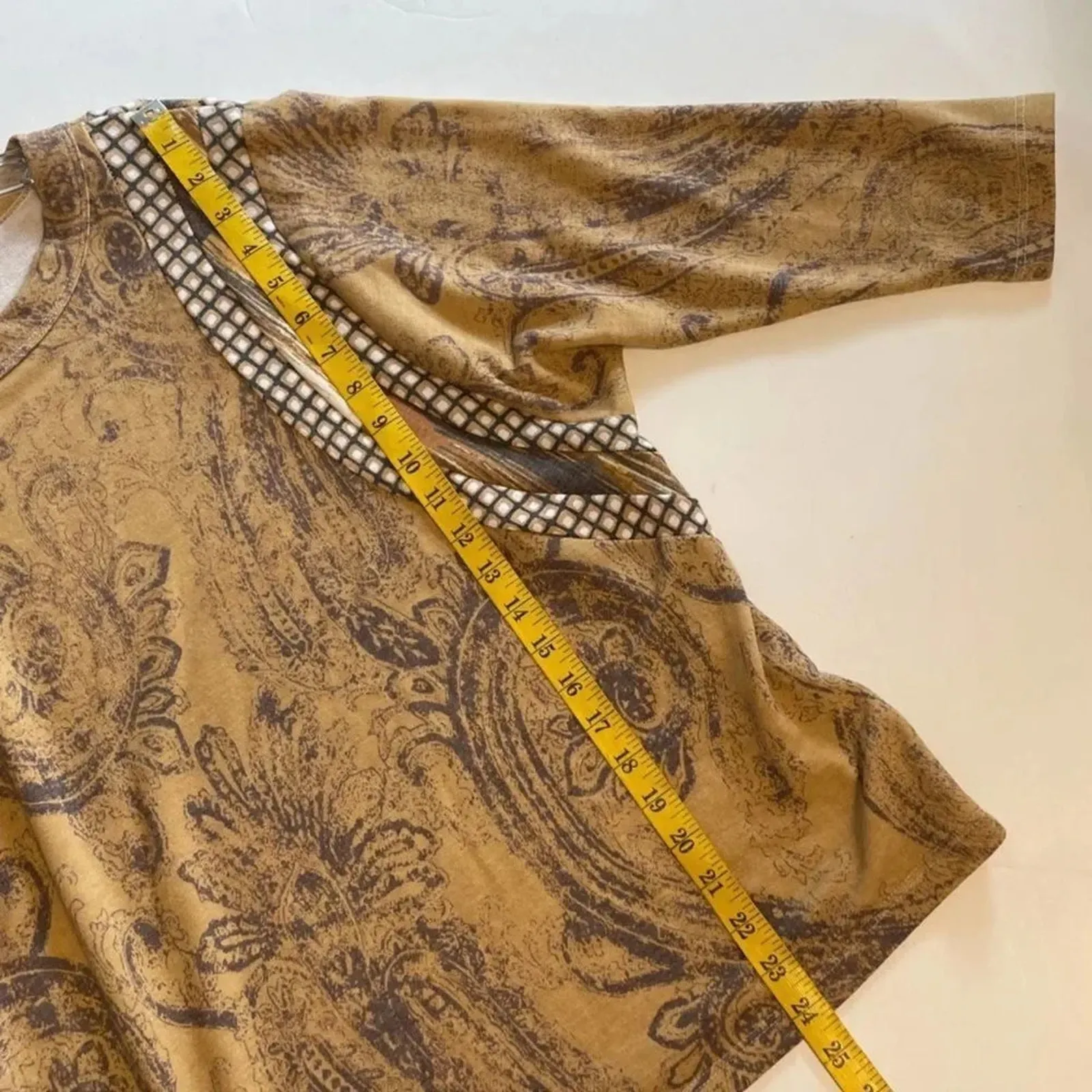 BUCKETLIST Soft Boho Top — Mixed Print in Camel Paisley & Plaid, Size XL Tan - Image 6
