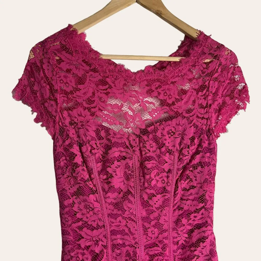 ML Monique Lhuillier Pink Cap Sleeve Lace Knee Length Sheath Dress Size 0 - Image 4