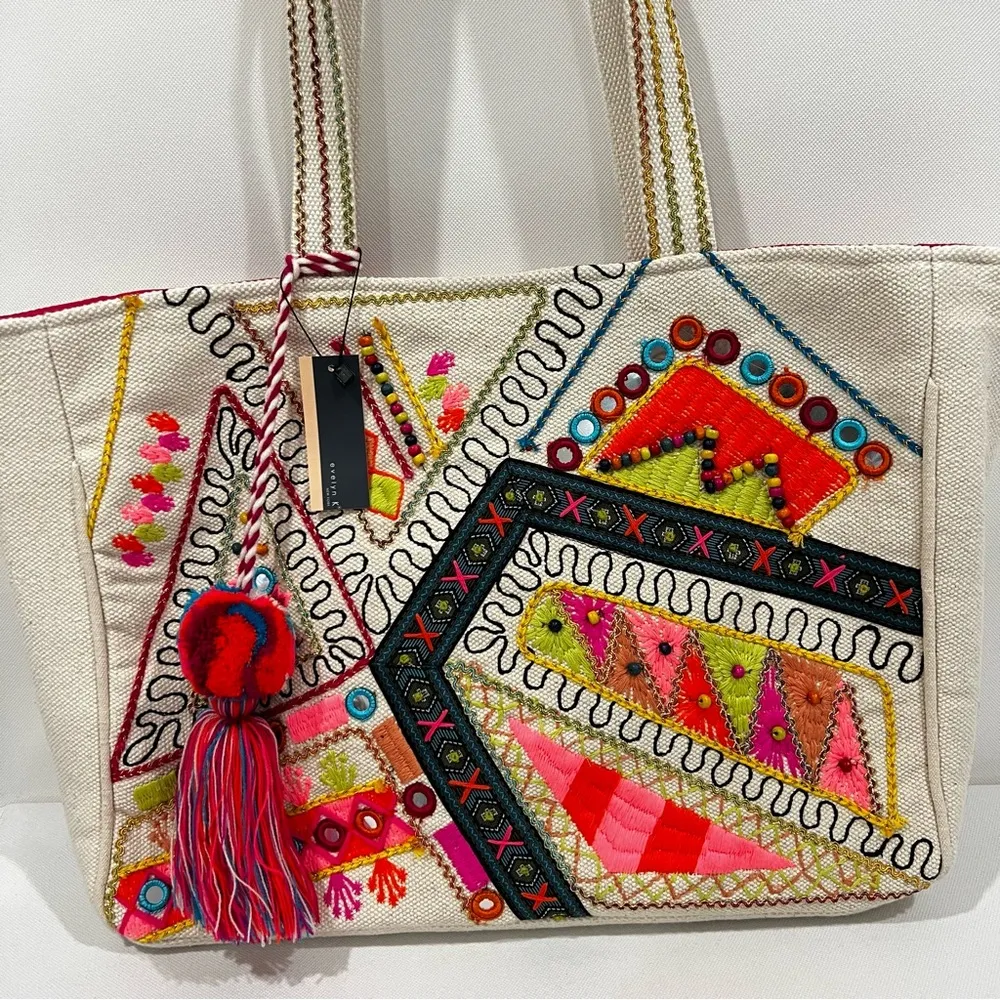 Heavy Canva Tote Embroidered Cream Bag Pom Pom Lined Aztec Print Multicolored Pink - Image 3