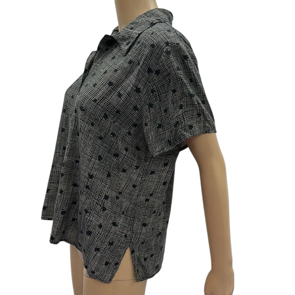 California Krush Vintage Rayon Short Sleeve Button Up Blouse Top Made USA Large Black - Image 7