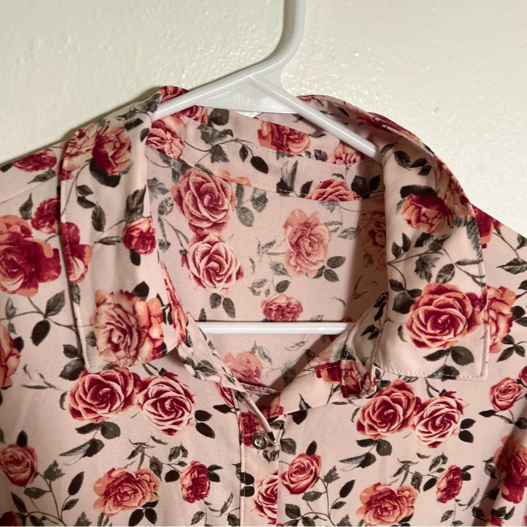 Button Down Shirt Dress Light Pink Rose Floral Belted Size M - Image 8