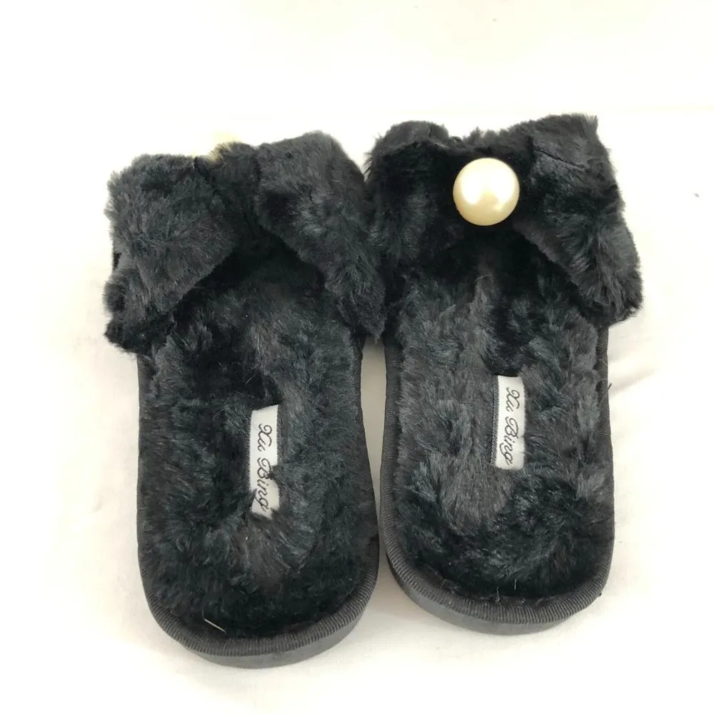 Womens Slippers Slides Faux Fur Pearl Black 5/6 - Image 3