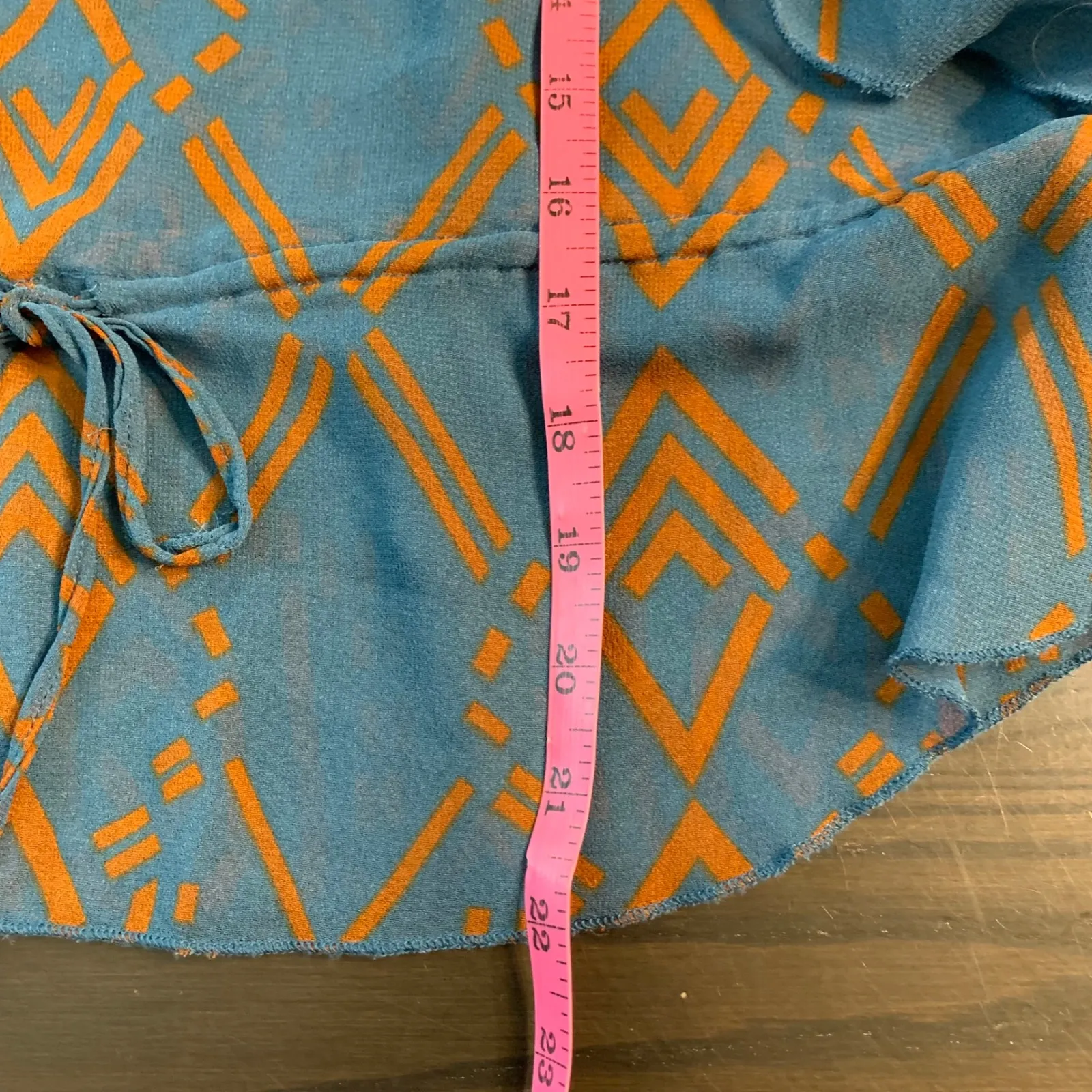 ANGIE Teal Orange Geometric Print Kimono Sleeve Tie Waist Blouse Top M - Image 14