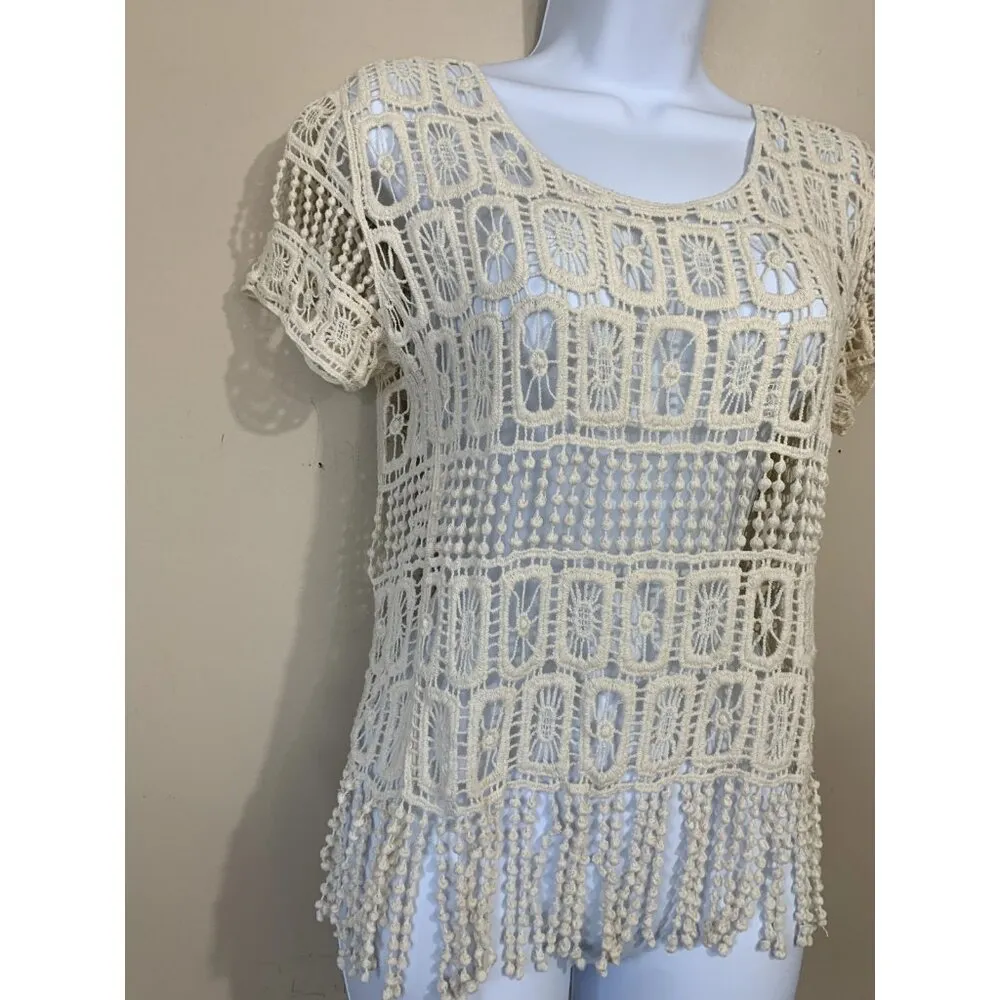 Vintage 90s Sweater Womens Cottagecore Grannie Square Crochet Style Fringe Size undefined - Image 9