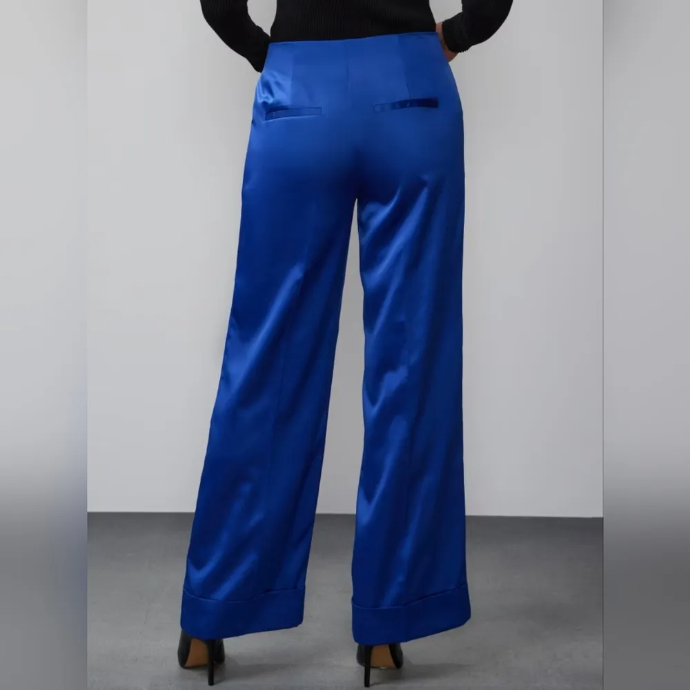 NWT New York & Company Wide Leg Cuffed Satin Pant in Blue Size Small - Image 2