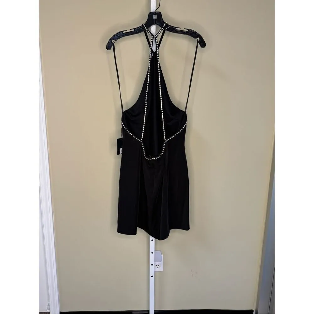 Mac Duggal NWT Rhinestone Detailed Low Back Halter Mini Dress in Black Size M - Image 6