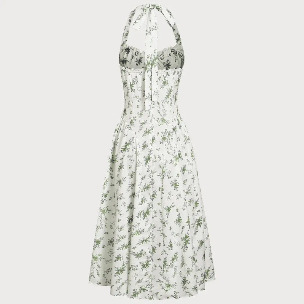Rihoas Green Floral Ruched Lace Halter Midi Dress Size M - Image 6