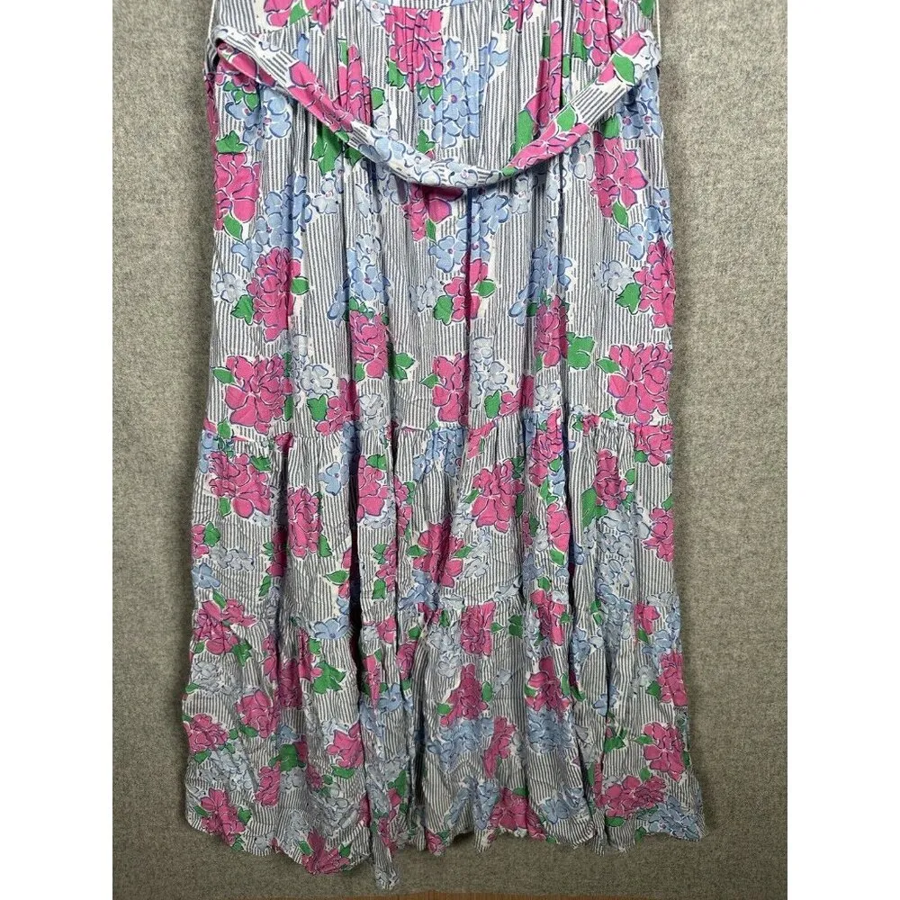 Crown & Ivy Midi Dress Size 2 Womens Floral Pink Blue Striped Frilly Ruffle - Image 13