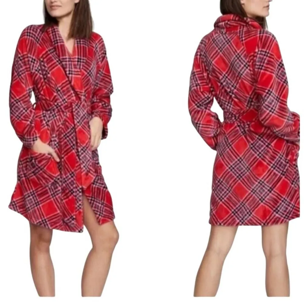 Victoria's Secret Plush Cozy Robe Lipstick Red Plaid Womens M/L - Image 7
