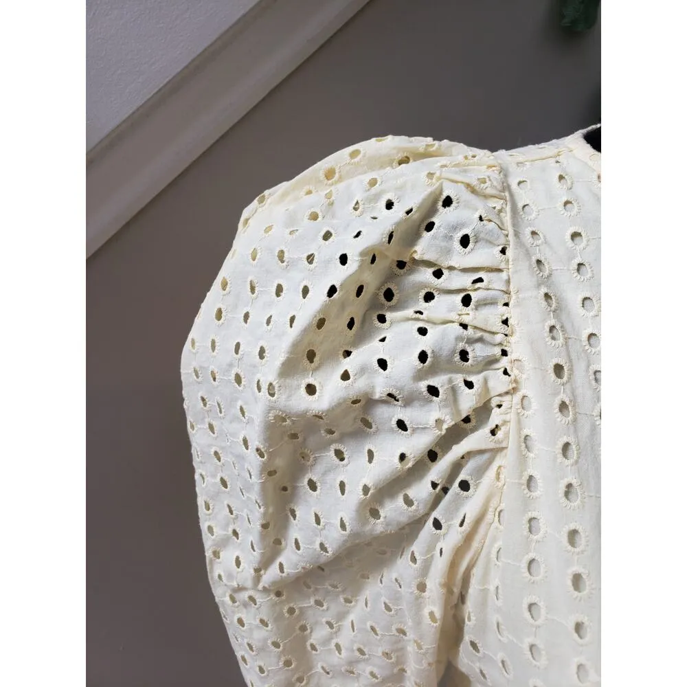 A New Day Blouse Top Women's Size XS Beige Crochet Pleated 3/4 Sleeve Crew Neck - Image 9