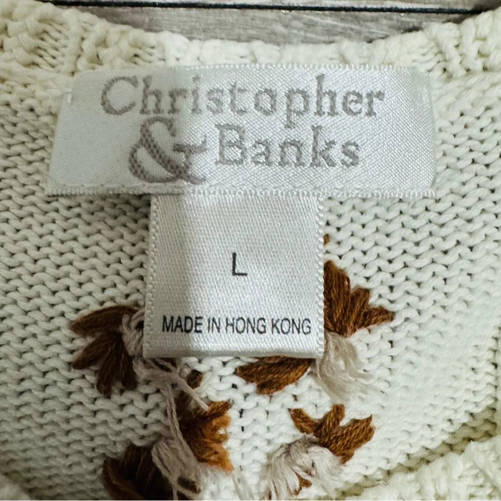 Christopher & Banks Cream Embroidered Floral Button Down Cardigan Women's Size L - Image 10