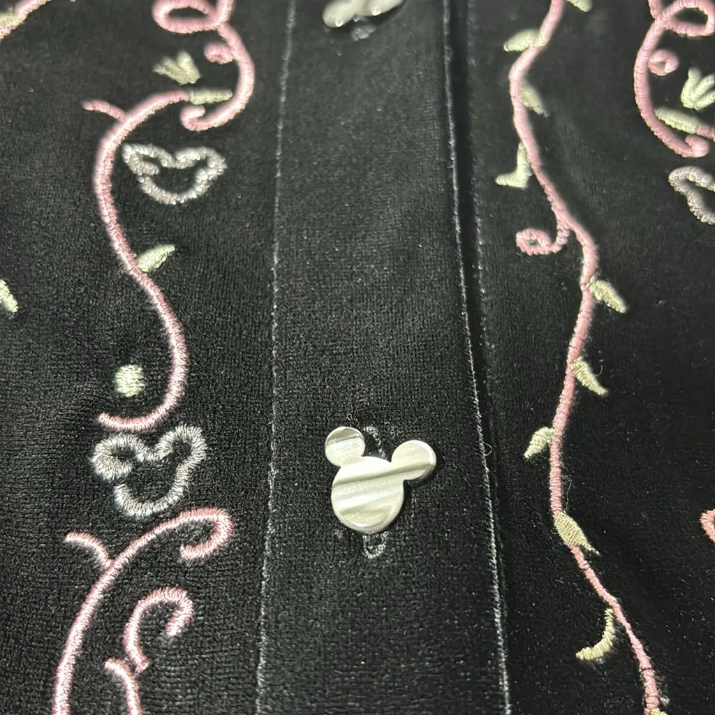 The Disney Store Black Velvet Mickey Mouse Floral Vine Button Up Shirt‎ Size S - Image 9