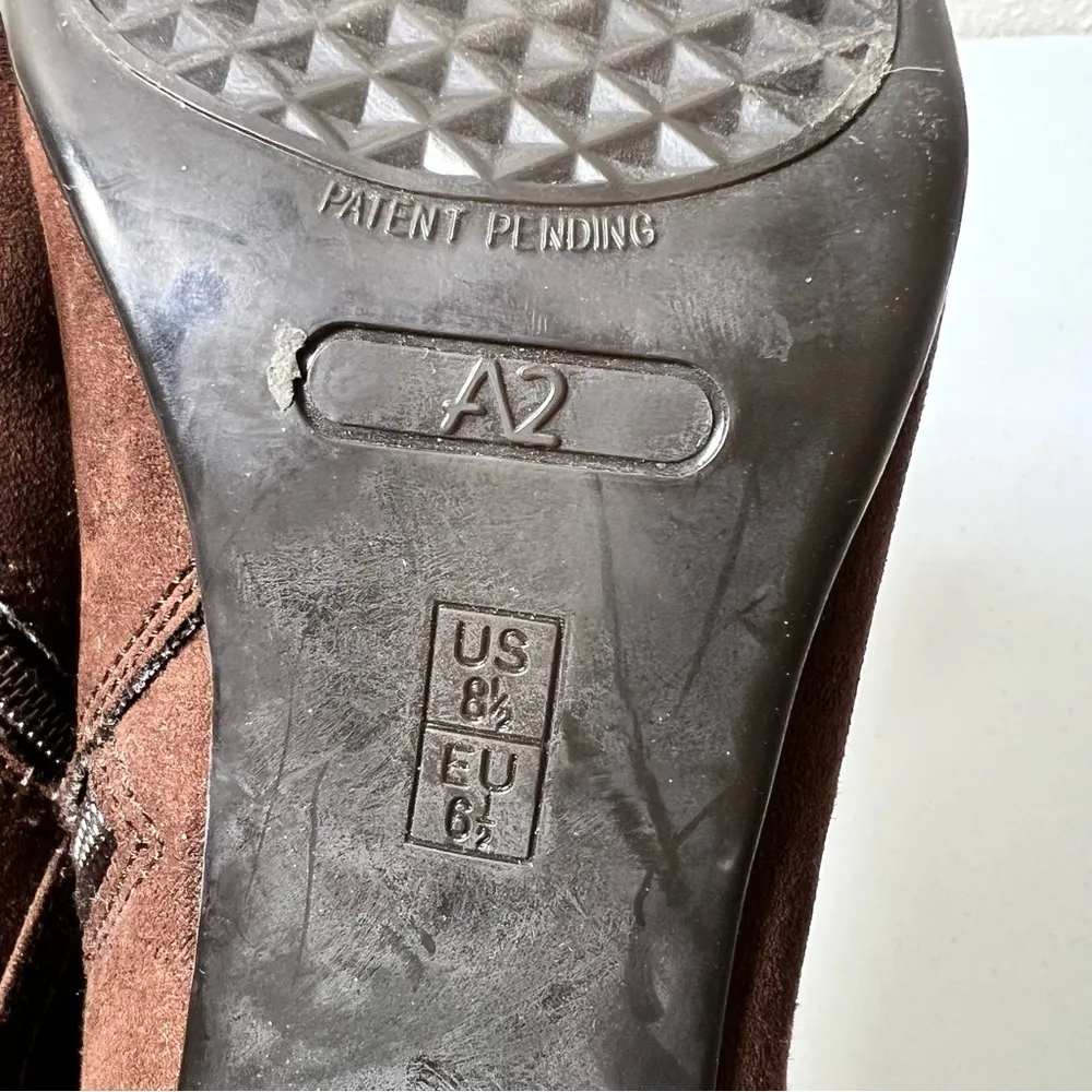 A2 by Aerosoles Brown First Role Faux Suede Chunky Gold Chain Heel Ankle Booties - Image 9