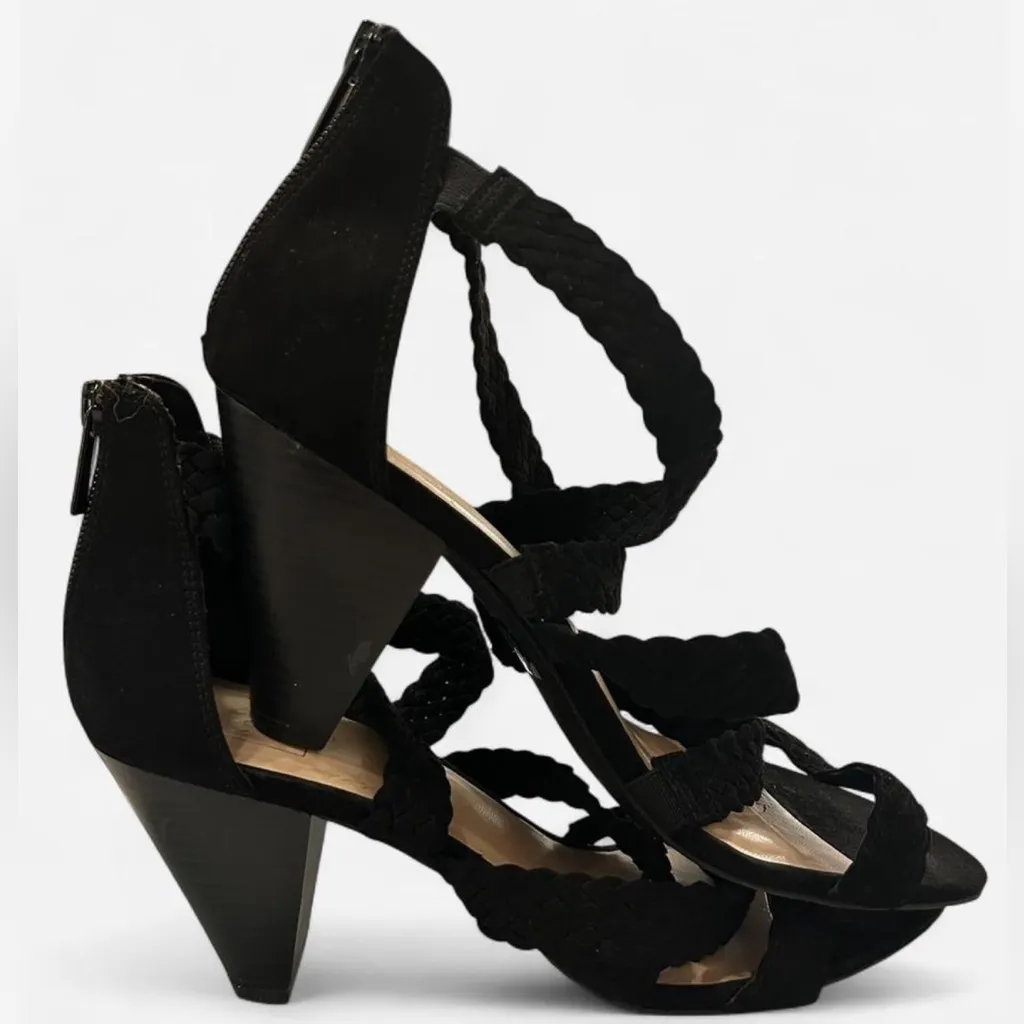 Kaari Blue | Black Braided Strappy Heels | Size 10 | Zip Back Wedge Sandals - Image 2