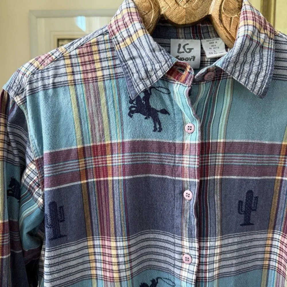 Vintage 90s LG Sport Plaid Cotton Button Up Shirt Southwestern Cowboy Cactus L Blue - Image 2