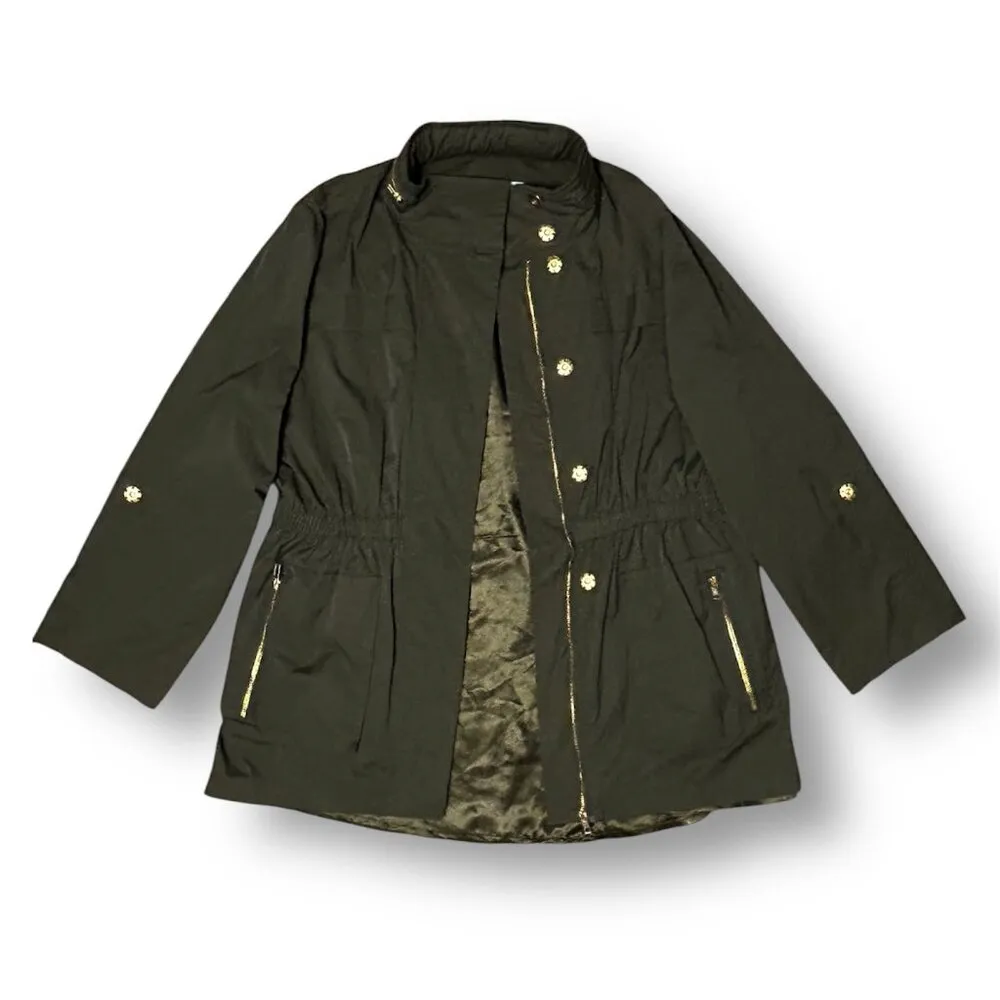 Antonio Melani Olive Green Erin Trench Coat Hooded Gold Zip Utility Outside XL - Image 12